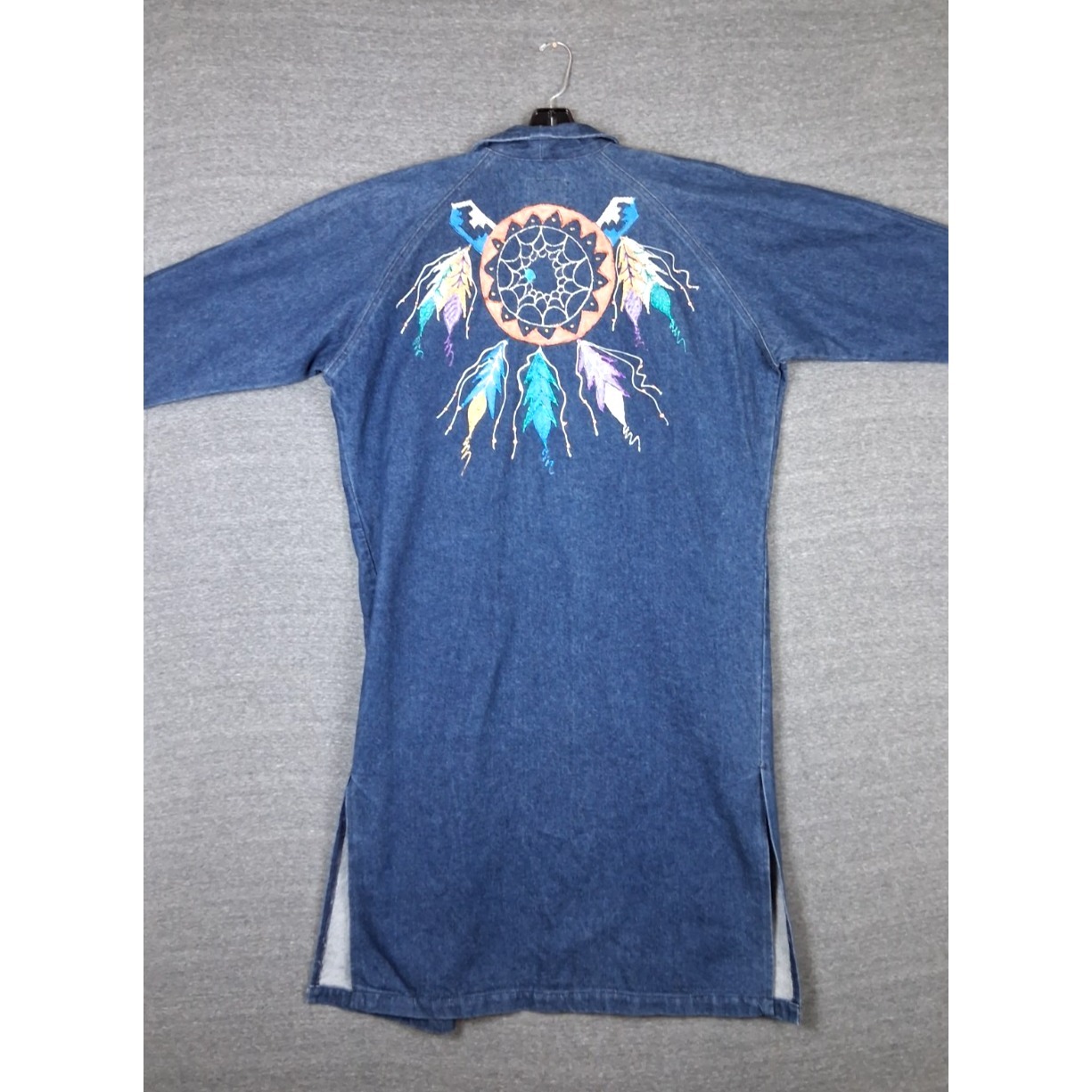 Vtg Sundance Womens Coat S Denim Duster Dreamcatcher Painted Boho Native Usa